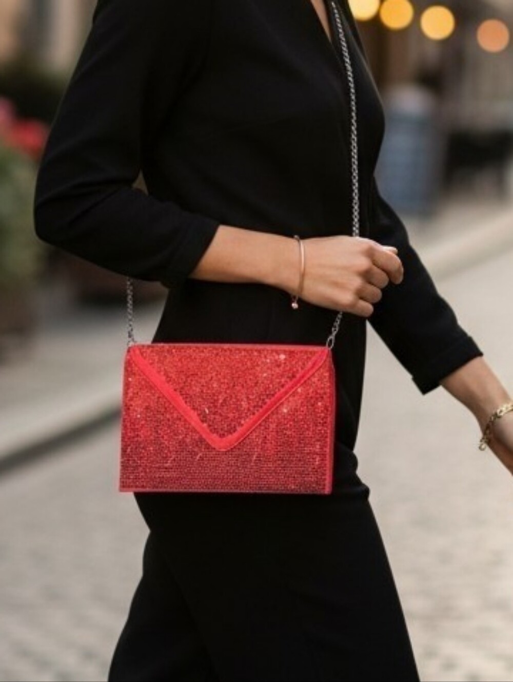 EUC Red Satin Rhinestone Evening Clutch Sparkly Envelope Crossbody Cocktail Bag